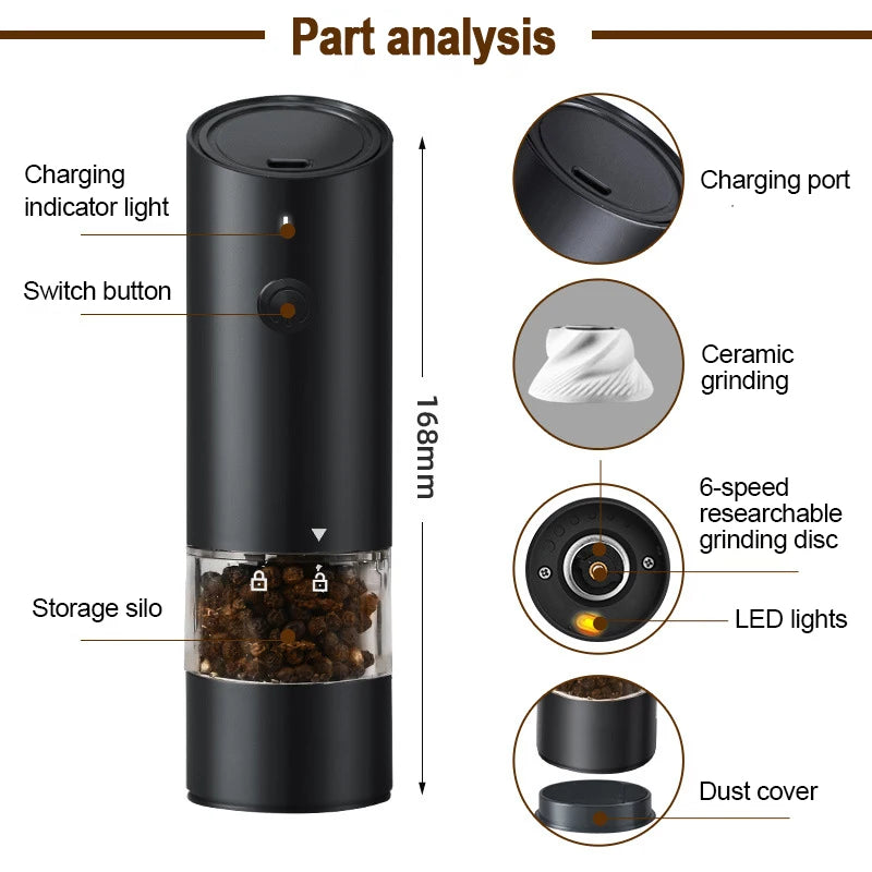 Electric Automatic Salt and Pepper Grinder USB Rechargeable Adjustable