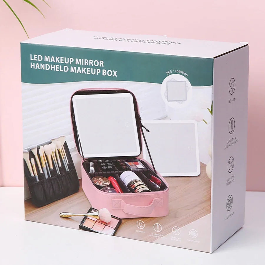 LED Lighted Travel Makeup Bag with Mirror Portable Waterproof Makeup