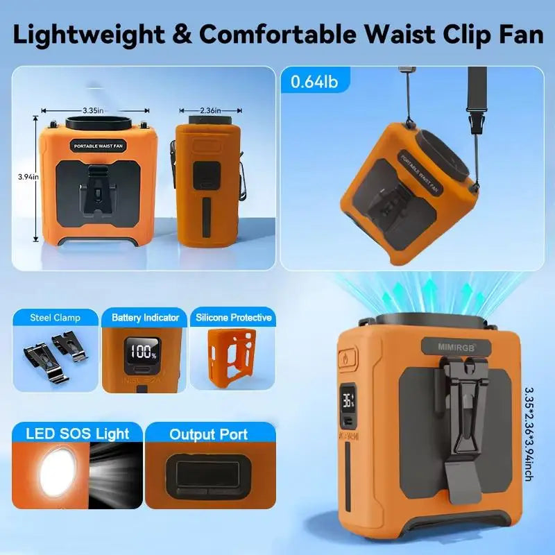 10000mAh Waist Fan Wearable Waist Fan 5 Speeds & Light 40H Hands-Free
